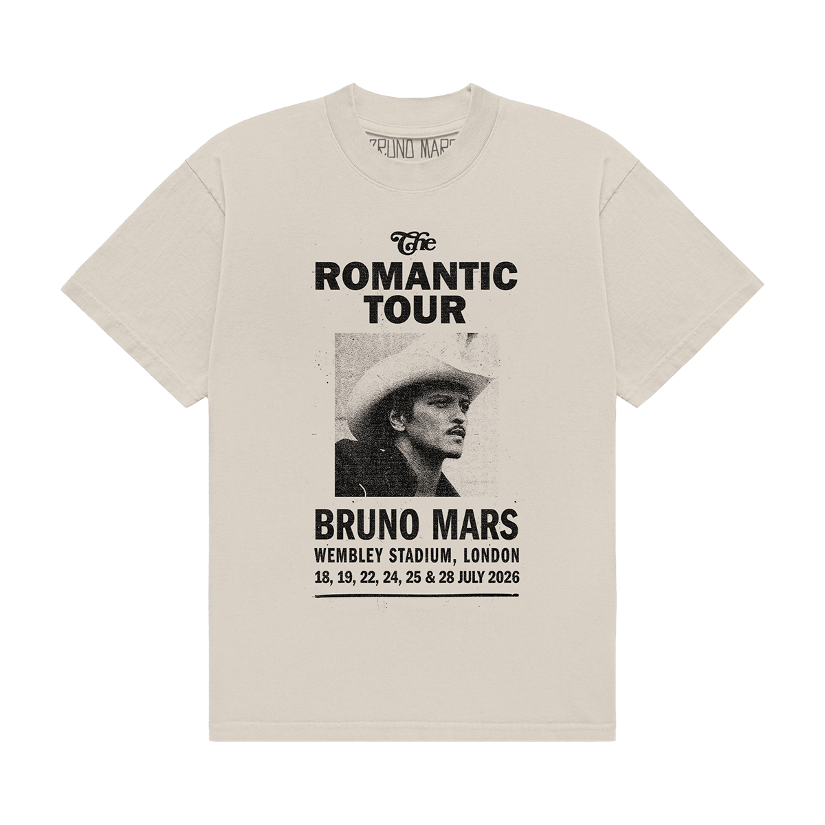 BRUNO MARS LONDON EVENT ART PRINTED ON THE FRONT OF AN IVORY UNISEX TEE.
