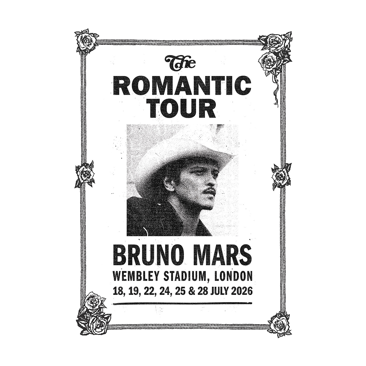 Poster for Bruno Mars' 'The Romantic Tour' with event details for London.