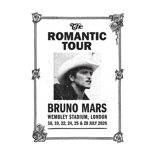 Poster for Bruno Mars' 'The Romantic Tour' with event details for London.