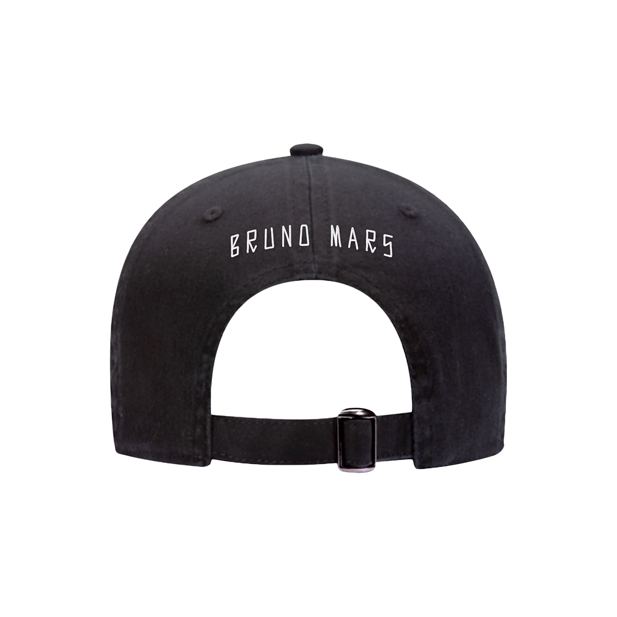 Back of a Unisex black baseball cap with "Bruno Mars" embroidered on the front in white.