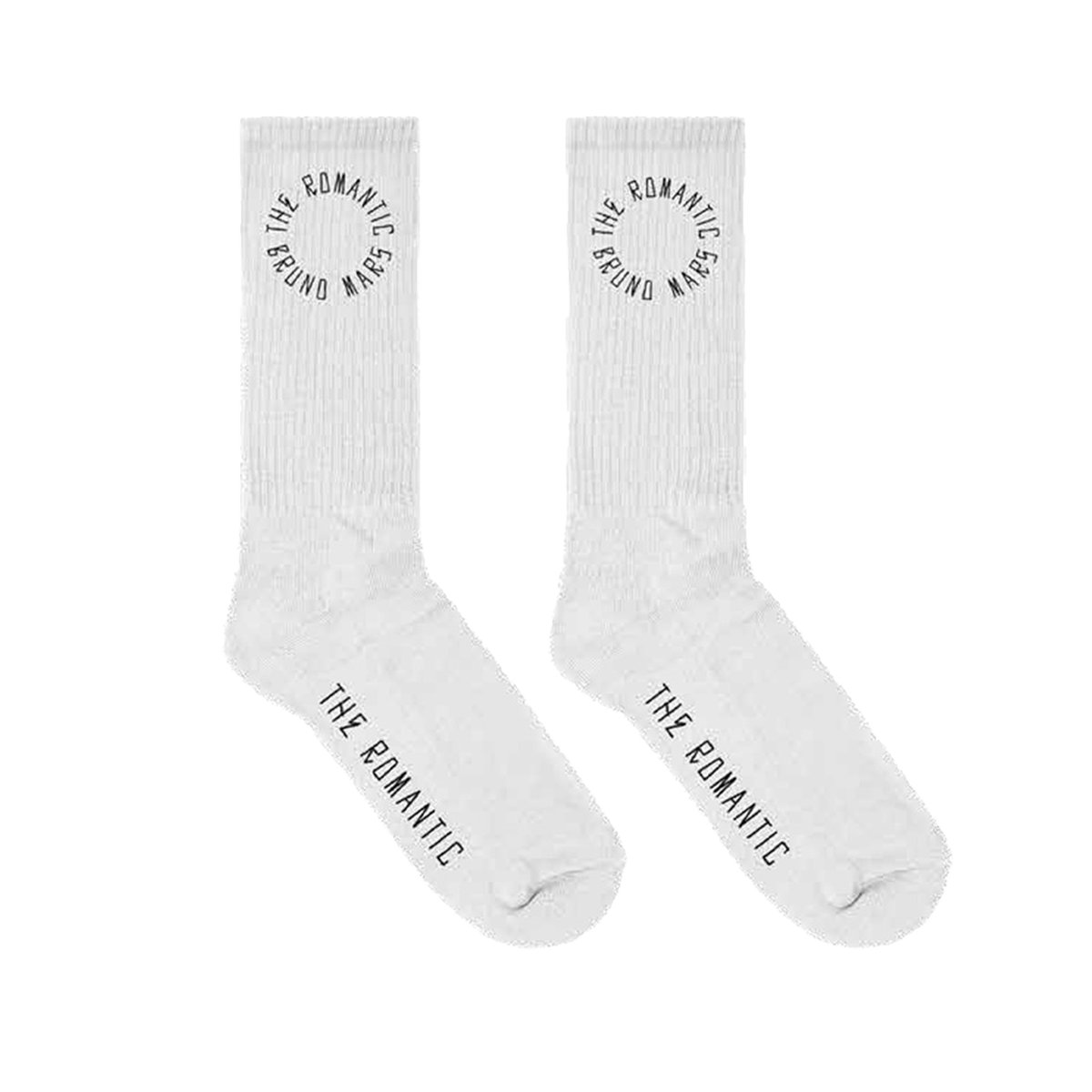 Unisex white socks with "The Romantic Bruno Mars" art printed on ankles and "The Romantic" printed on sole.