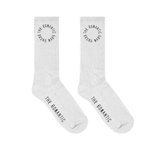 Unisex white socks with "The Romantic Bruno Mars" art printed on ankles and "The Romantic" printed on sole.