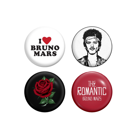 Four buttons featuring images and text related to Bruno Mars The Romantic Tour.