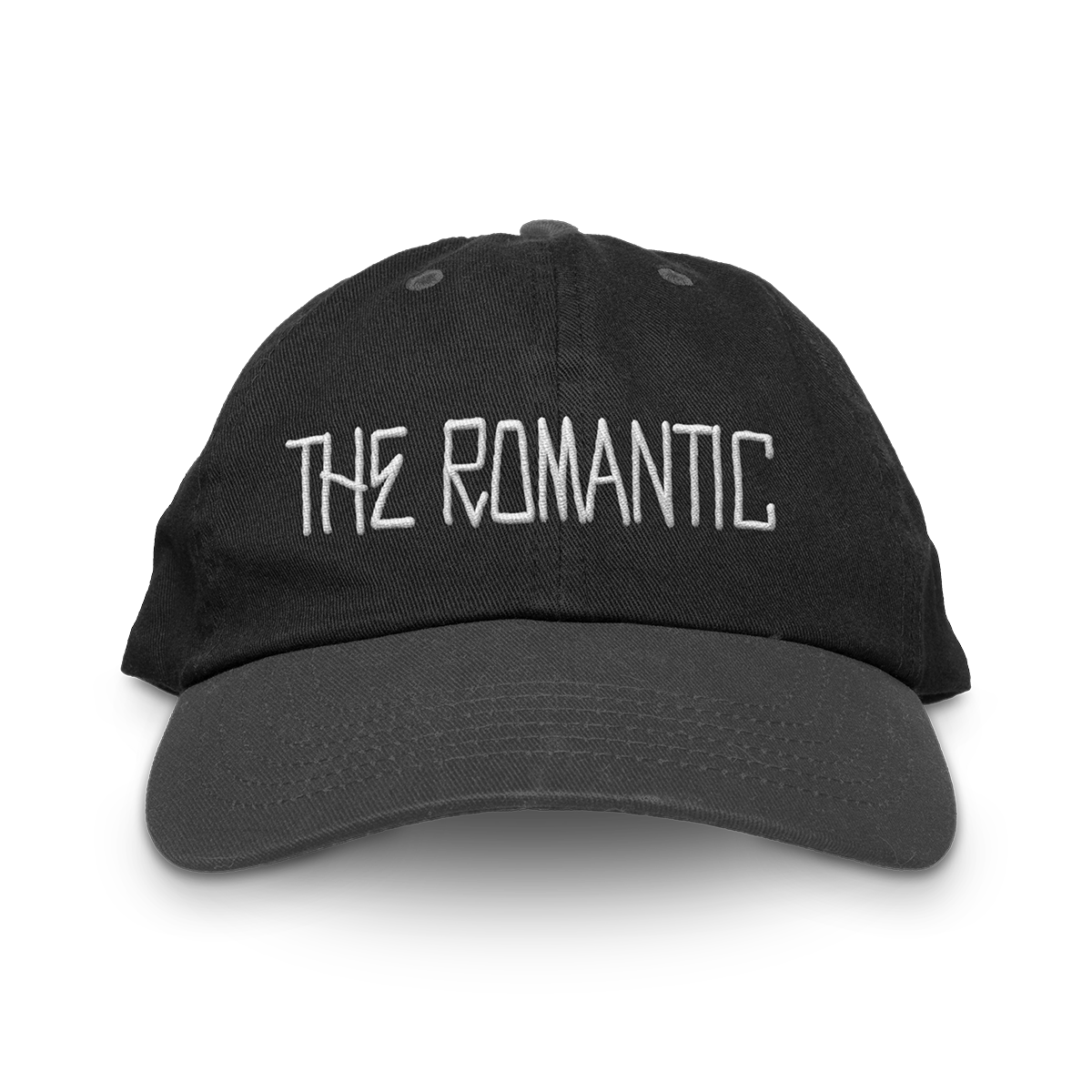 Front of a Unisex black baseball cap with "The Romantic" embroidered on the front in white.