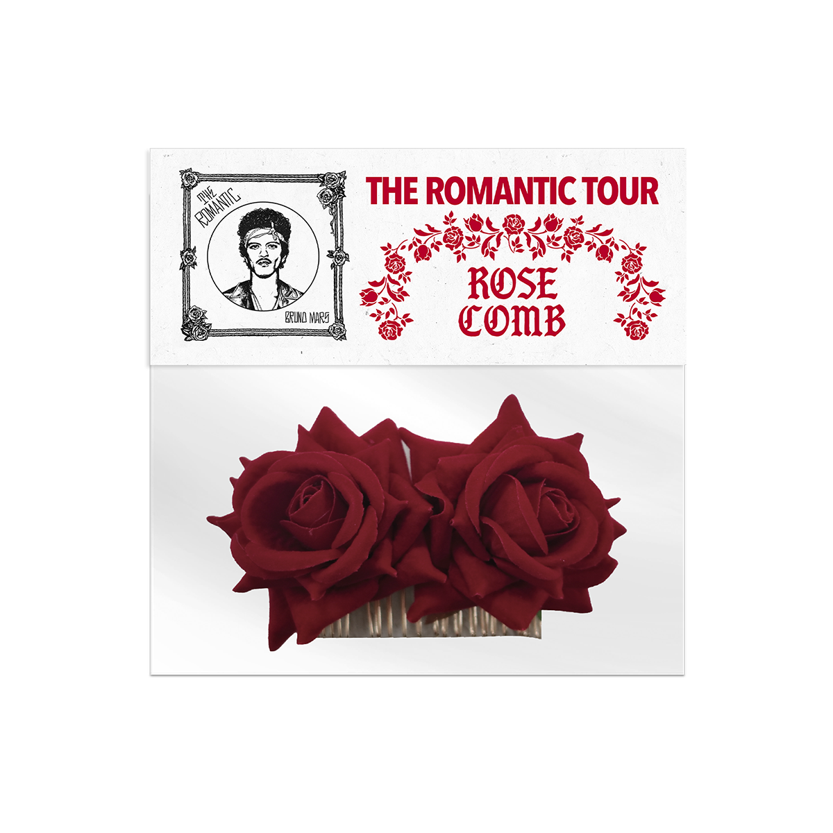 Rose comb hair accessory inside clear packaging with "The Romantic Tour" label closure.