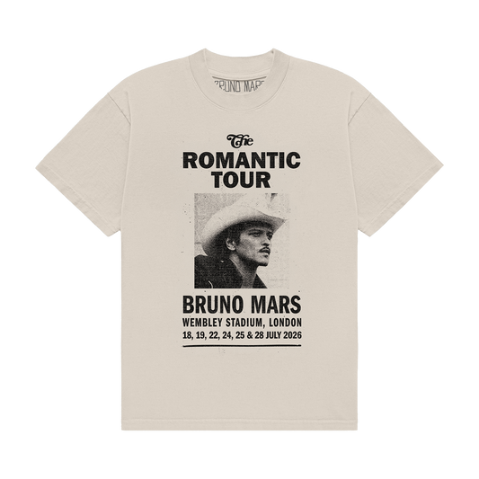 BRUNO MARS LONDON EVENT ART PRINTED ON THE FRONT OF AN IVORY UNISEX TEE.