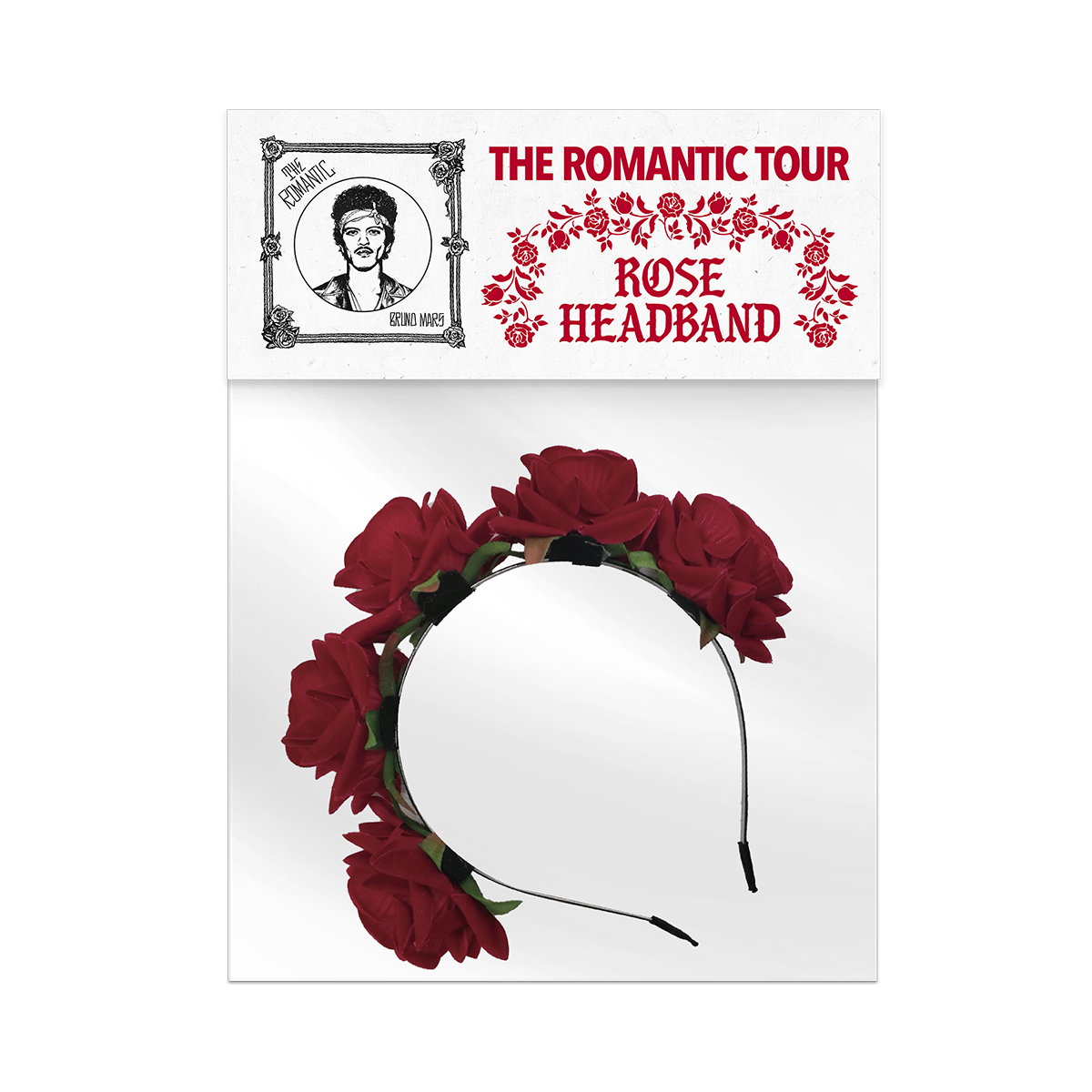 Rose headband hair accessory inside clear packaging with "The Romantic Tour" label closure.